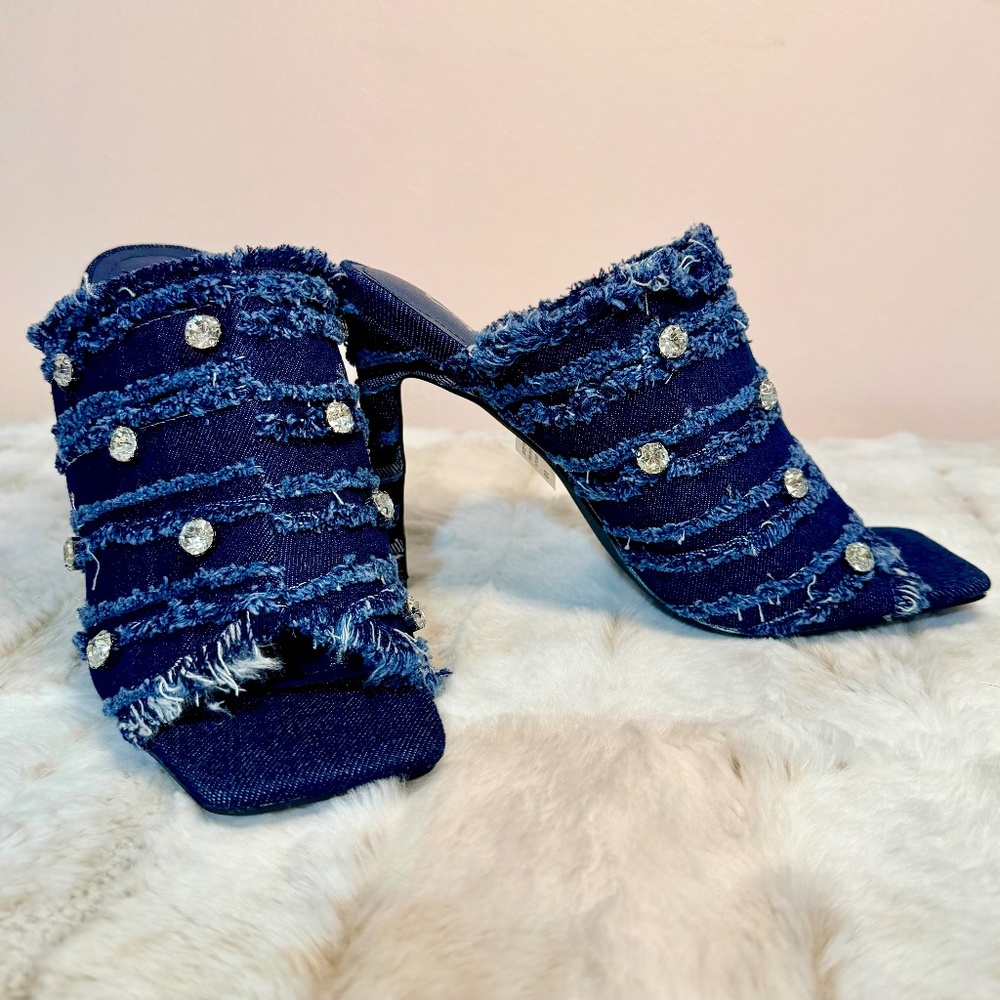 Cape Robbin Denim 4" Heels Frayed Denim Fabric Straps & Crystal Studs Mules - Picture 2 of 8